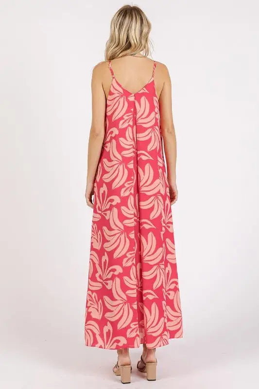Pink Printed V - Neck Maxi Cami Dress - Sleeveless Dresses