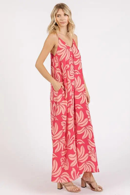 Pink Printed V - Neck Maxi Cami Dress - Sleeveless Dresses