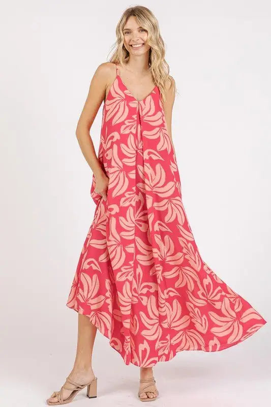 Pink Printed V - Neck Maxi Cami Dress - Sleeveless Dresses