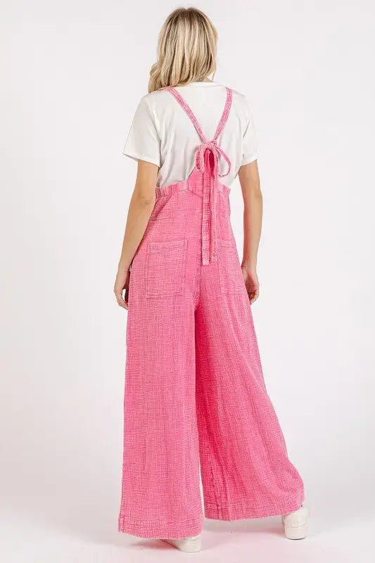 Pink Textured Wide Leg Overalls - Overalls