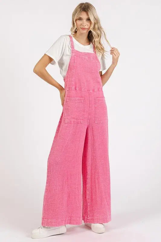 Pink Textured Wide Leg Overalls - Overalls