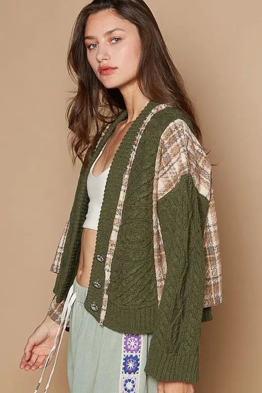 Plaid Moss Cable-Knit Cardigan - Eclectage