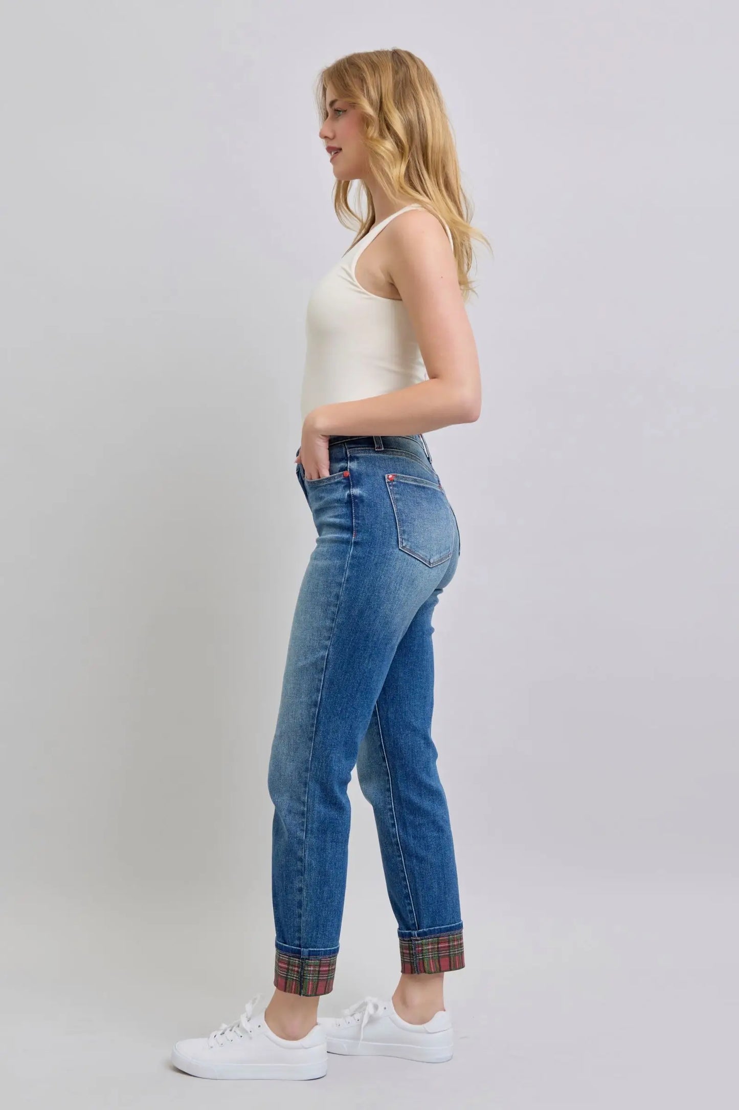 Plaid Print Cuff Straight Leg Jeans - Eclectage