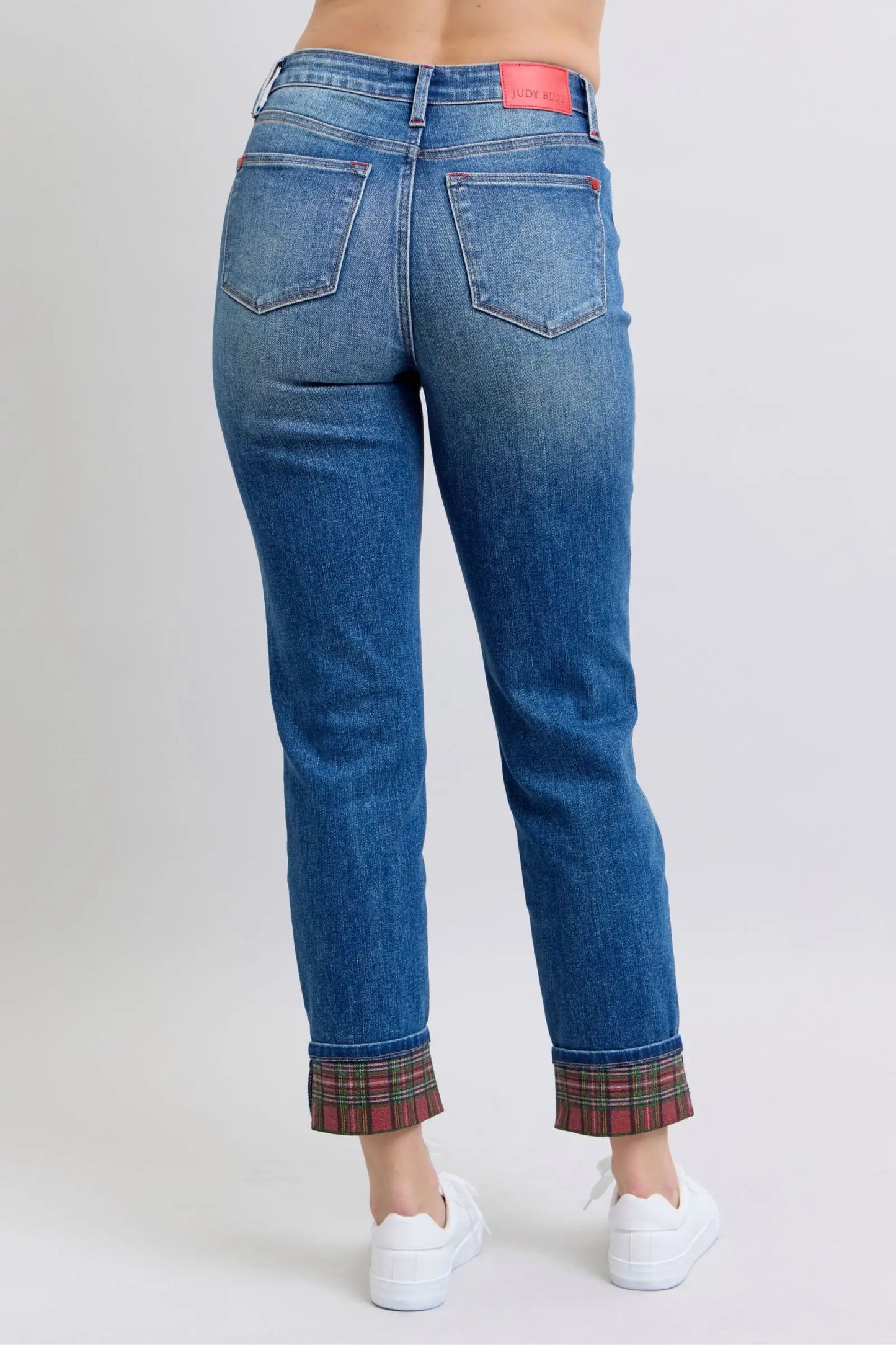 Plaid Print Cuff Straight Leg Jeans - Eclectage