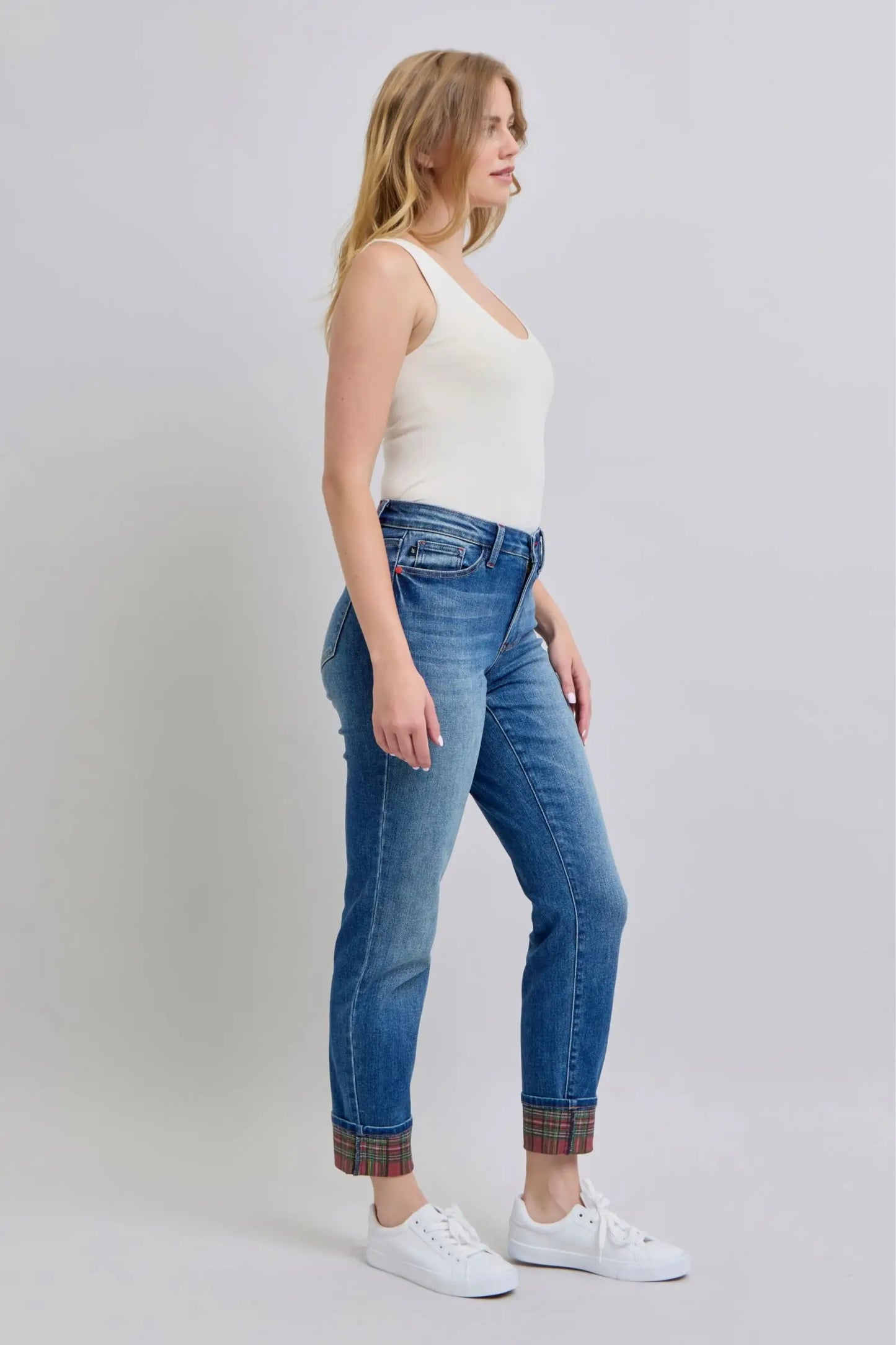 Plaid Print Cuff Straight Leg Jeans - Eclectage