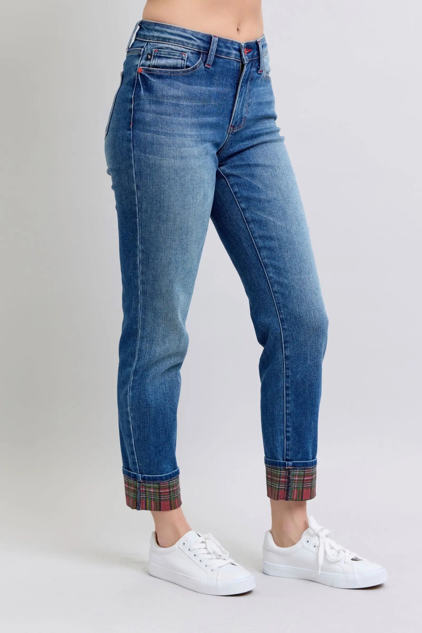 Plaid Print Cuff Straight Leg Jeans - Eclectage