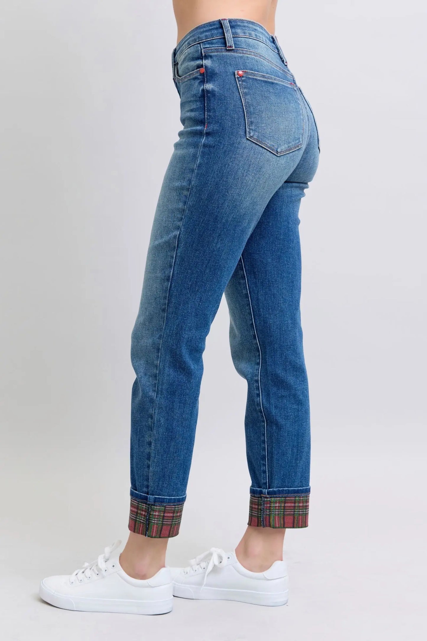Plaid Print Cuff Straight Leg Jeans - Eclectage