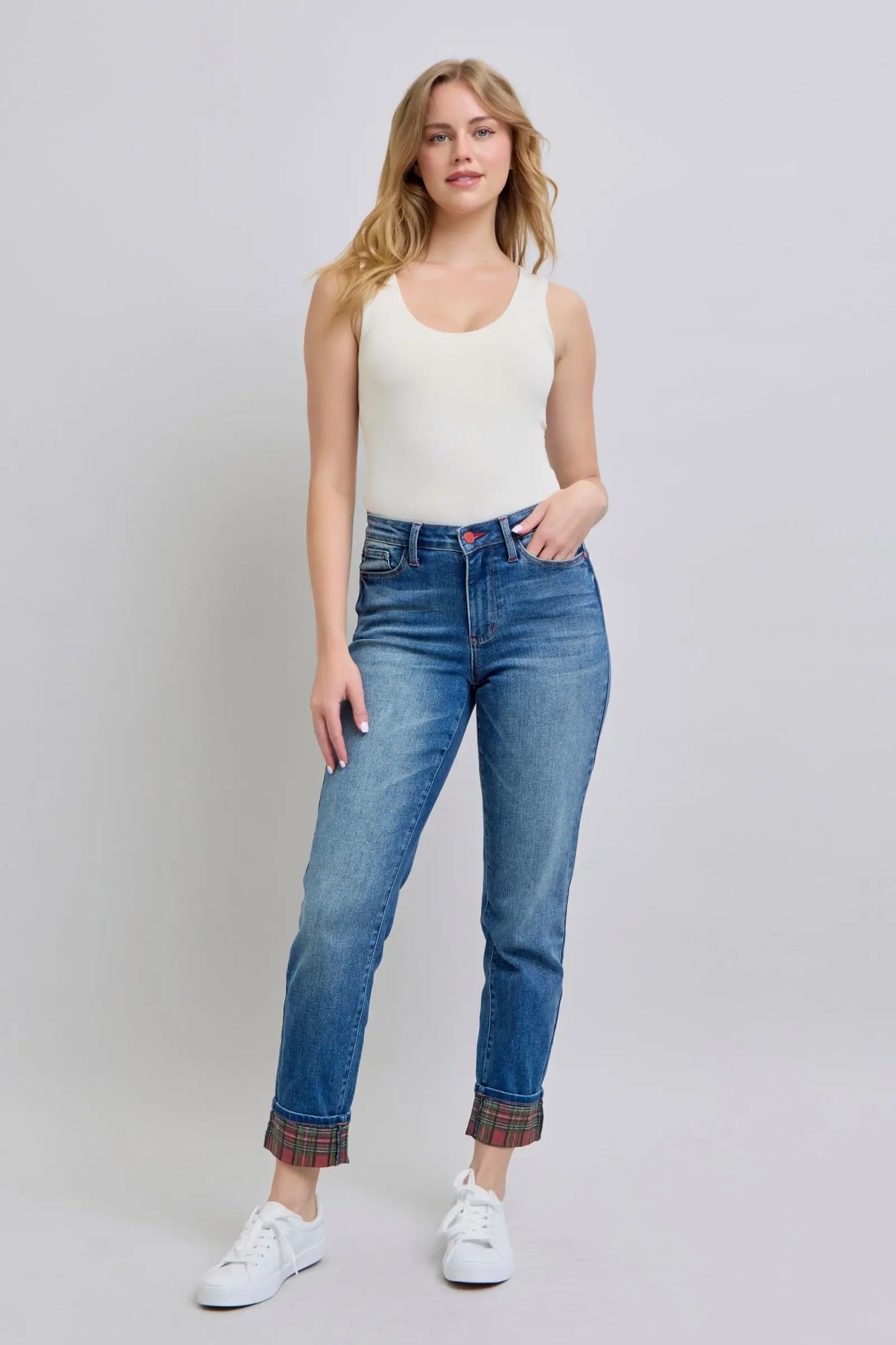 Plaid Print Cuff Straight Leg Jeans - Eclectage