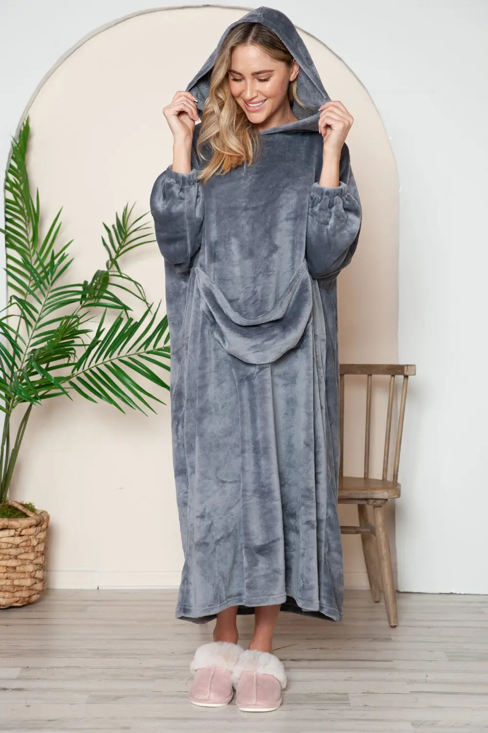 Pocketed Hooded Midi Lounge Dress - Eclectage