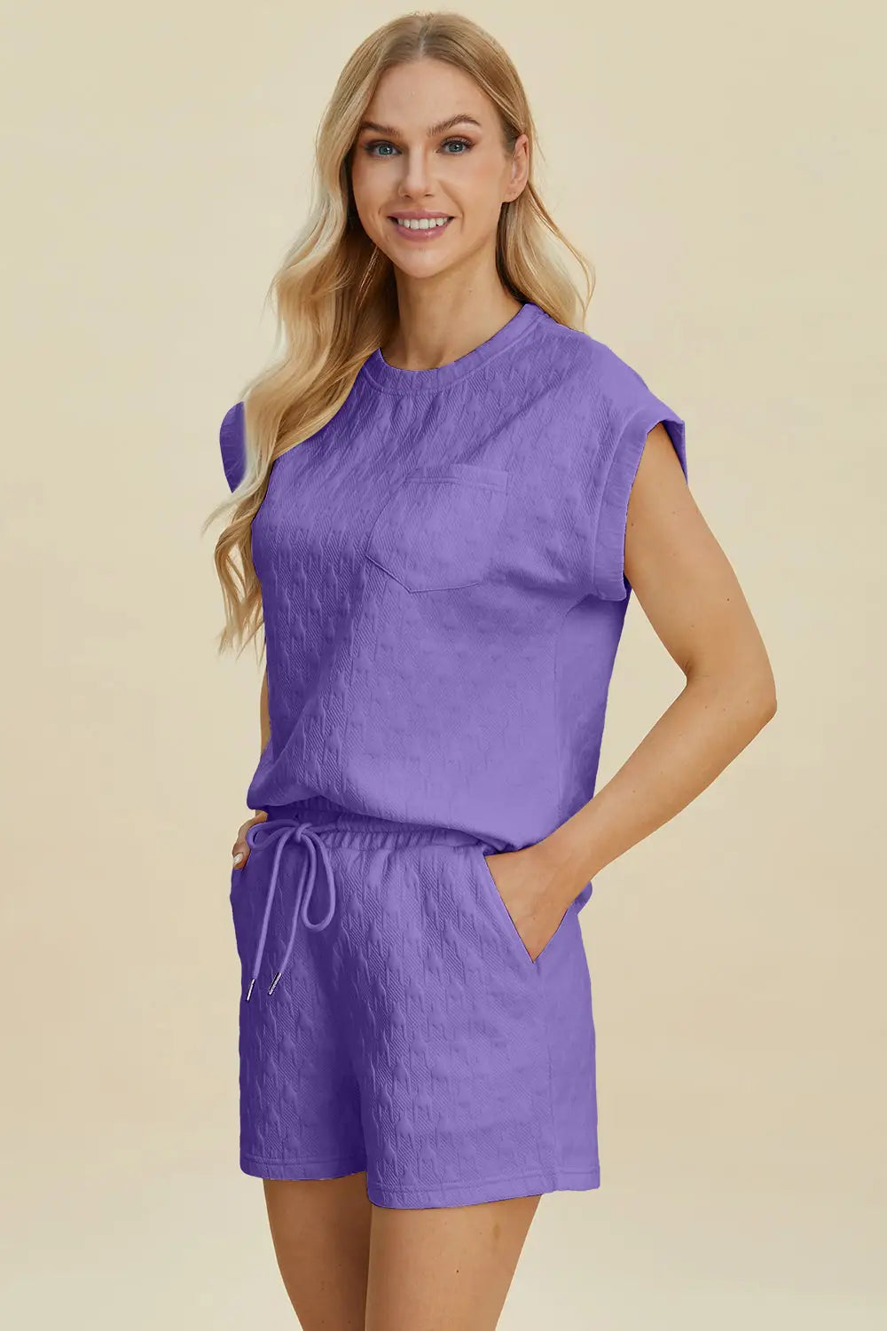 Pocketed Texture Round Neck Top and Shorts Set - Eclectage
