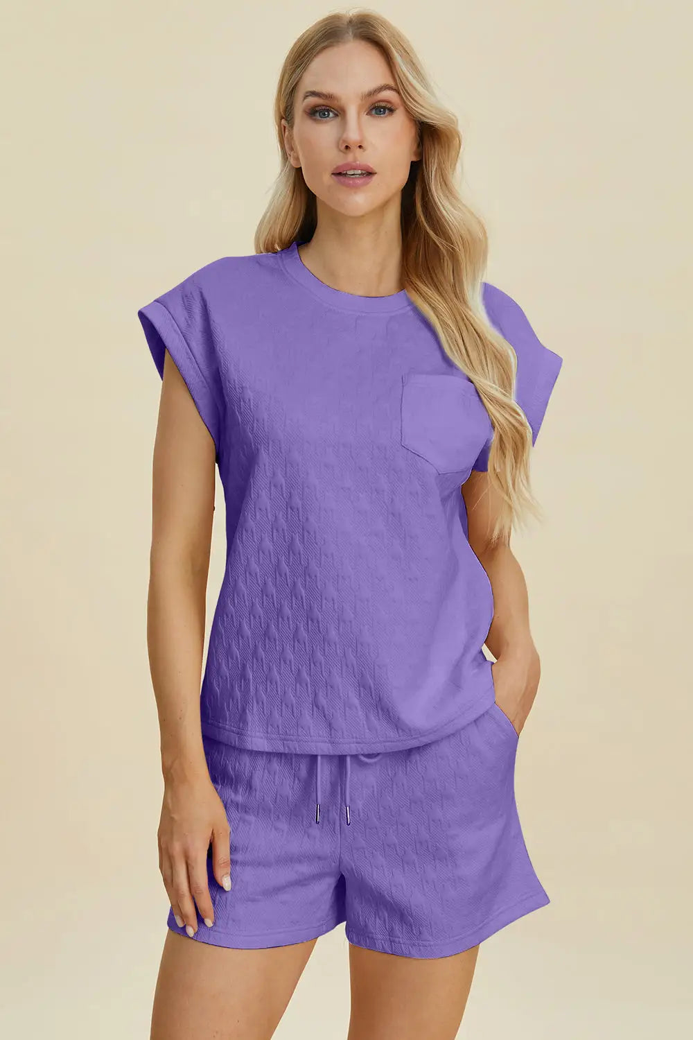 Pocketed Texture Round Neck Top and Shorts Set - Eclectage