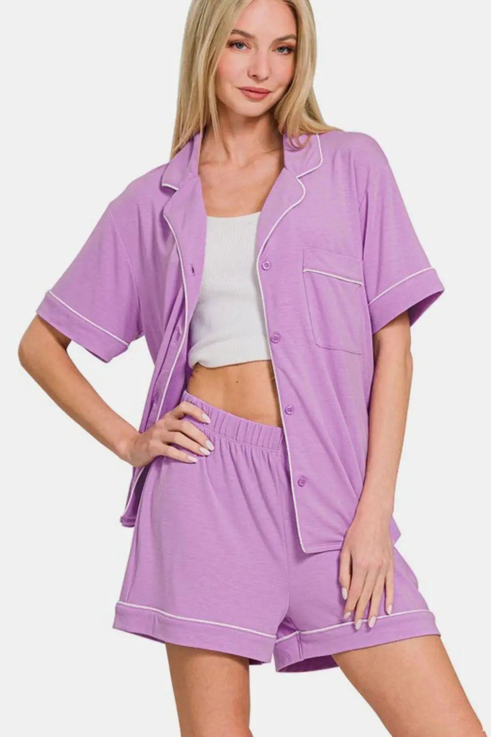Purple Button Down Top and Shorts Lounge Set - Loungewear