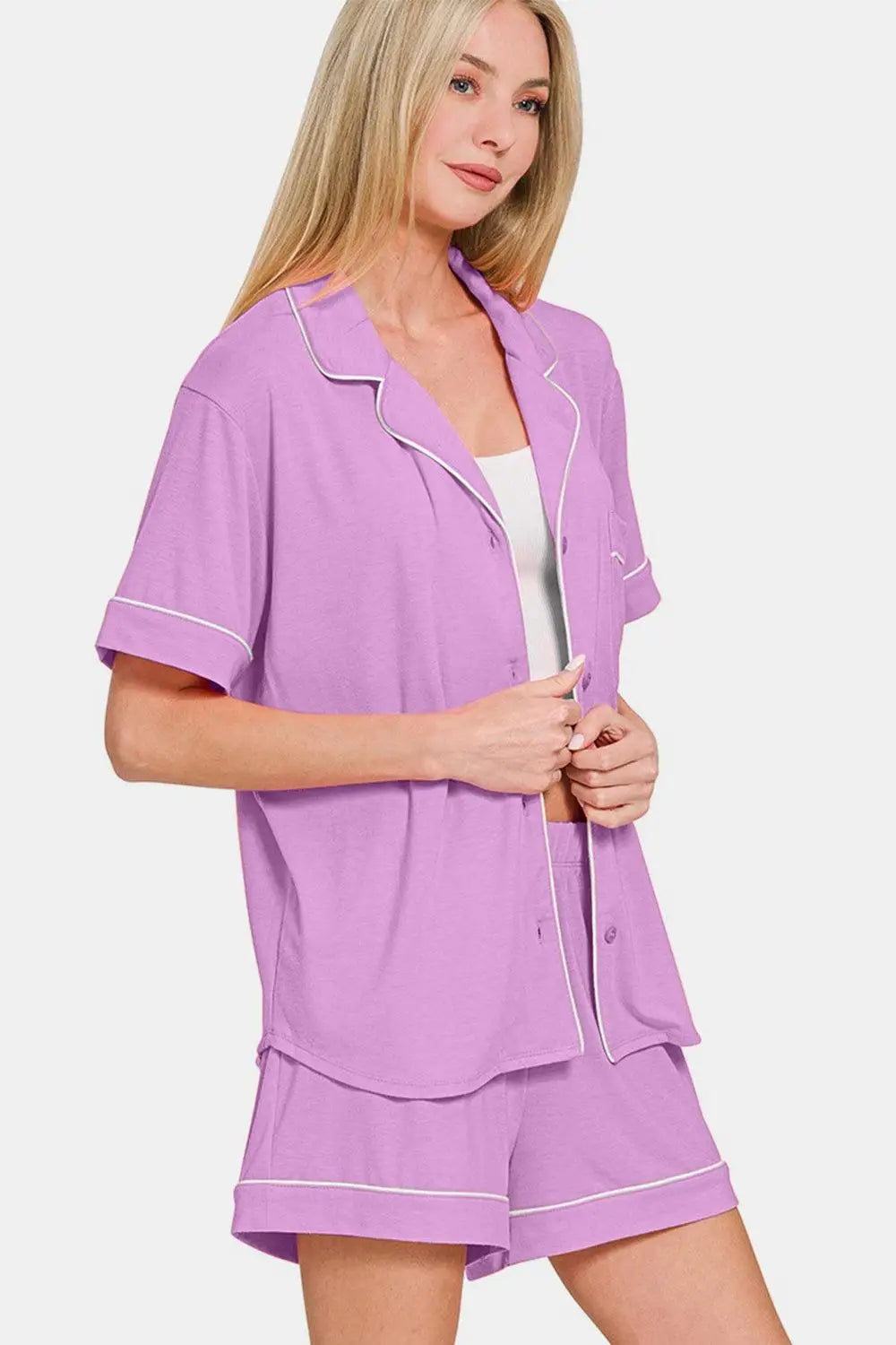 Purple Button Down Top and Shorts Lounge Set - Loungewear