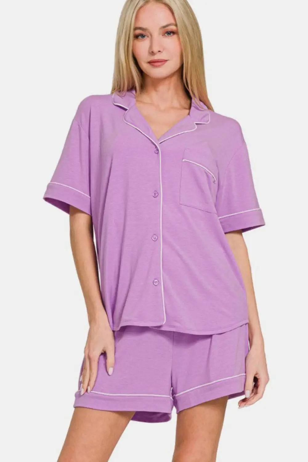 Purple Button Down Top and Shorts Lounge Set - Loungewear