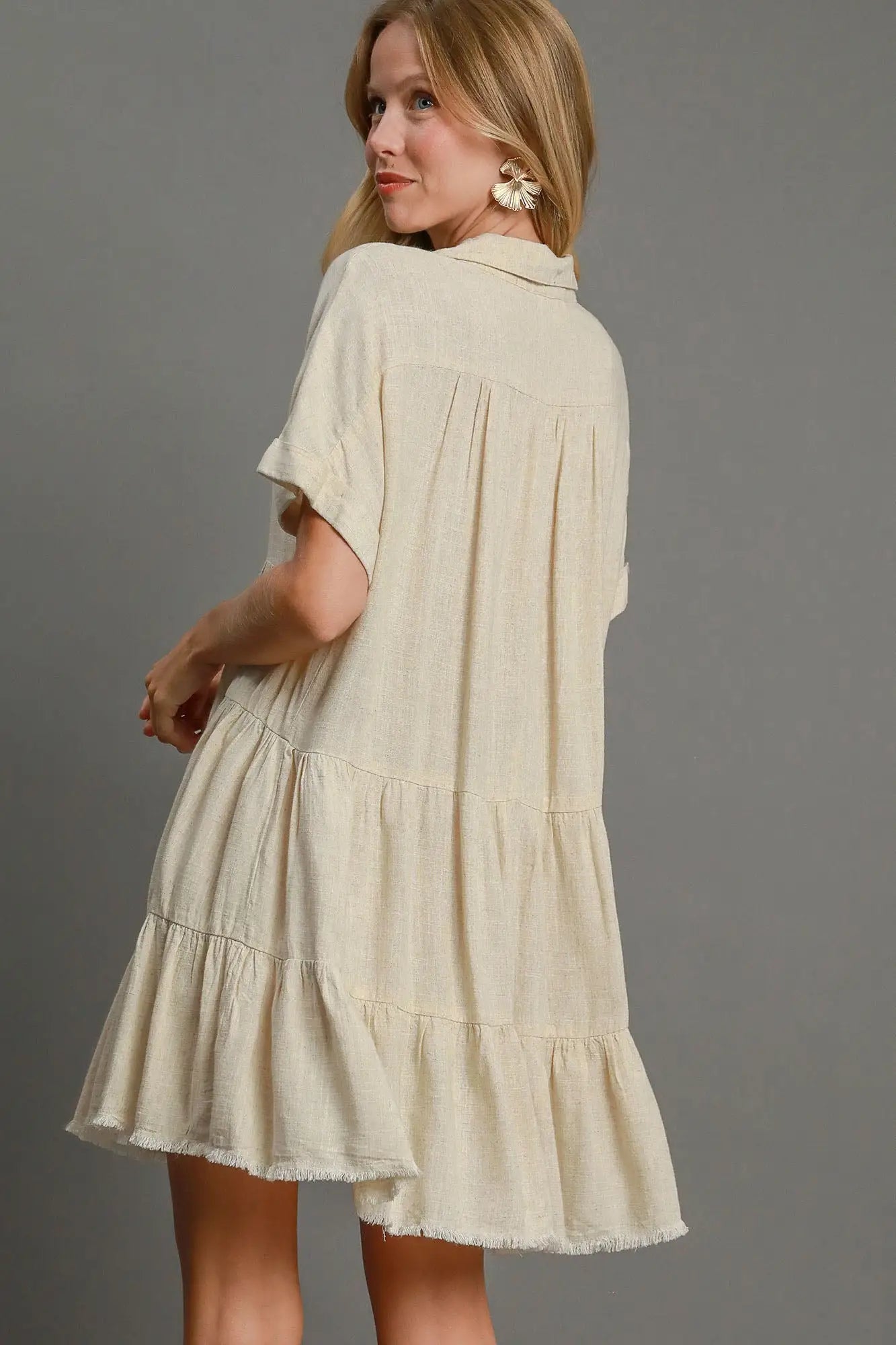 Raw Hem Folded Sleeve Tiered Dress - Eclectage