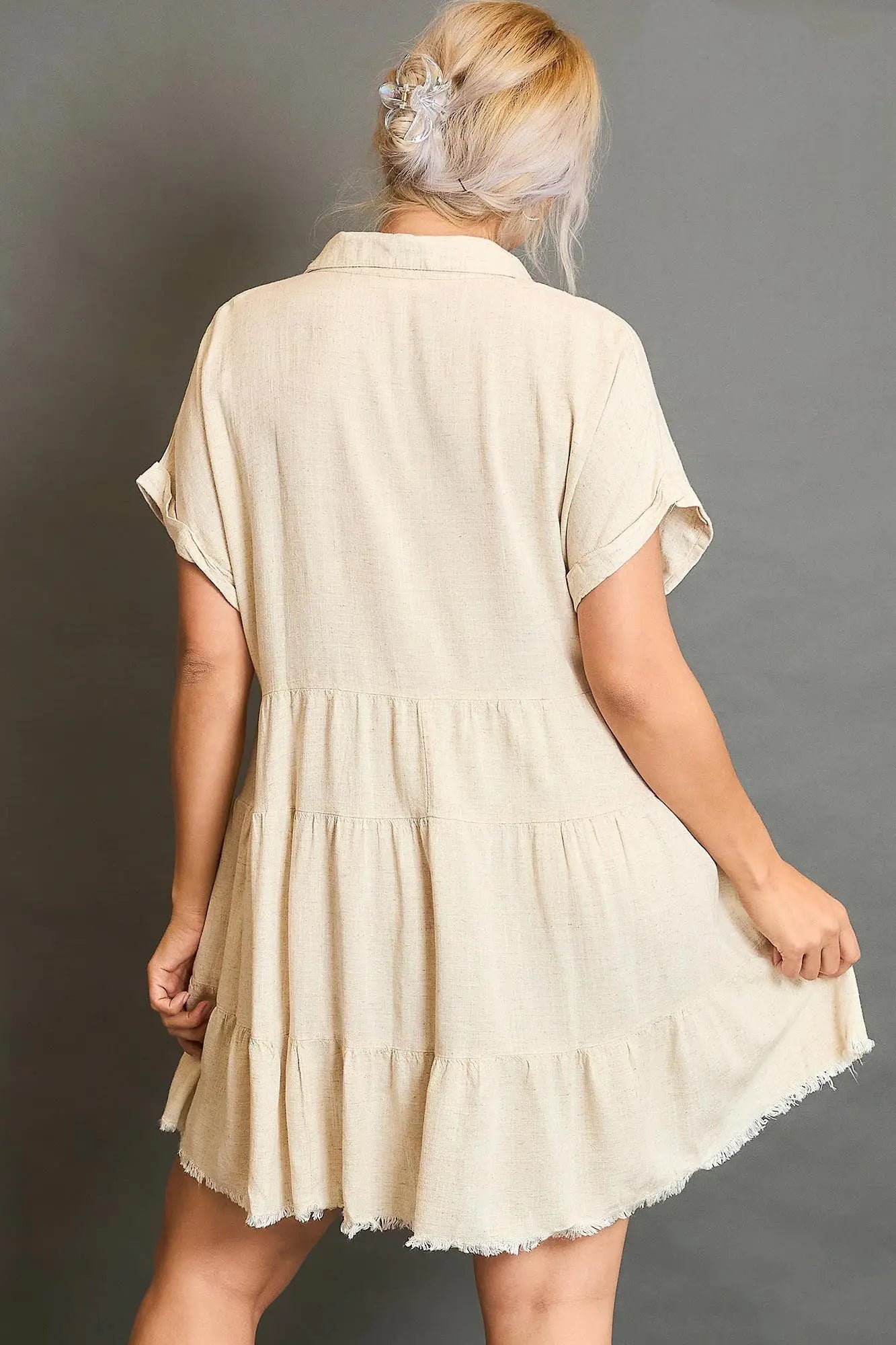 Raw Hem Folded Sleeve Tiered Dress - Eclectage