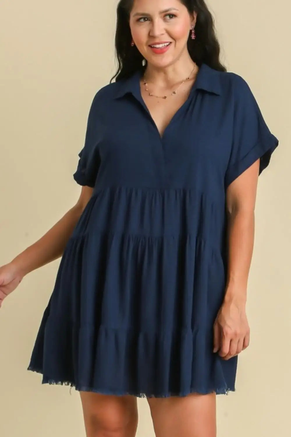 Raw Hem Folded Sleeve Tiered Dress - Mini Dresses