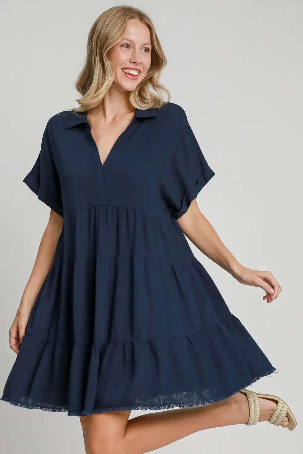 Raw Hem Folded Sleeve Tiered Dress - Mini Dresses