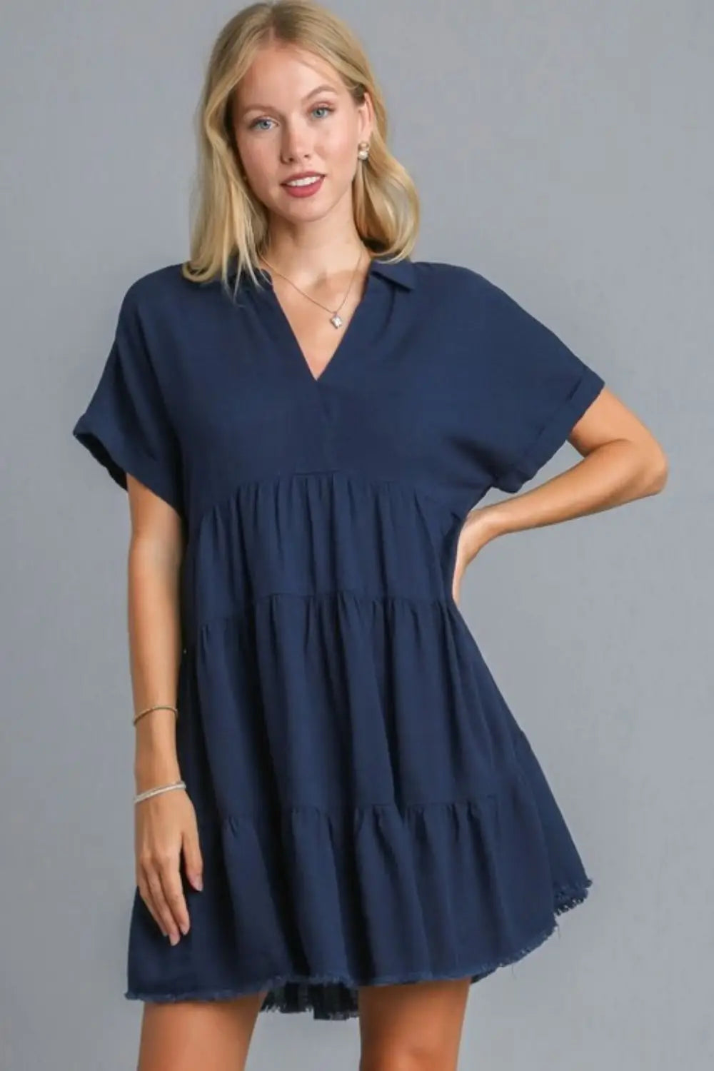 Raw Hem Folded Sleeve Tiered Dress - Mini Dresses
