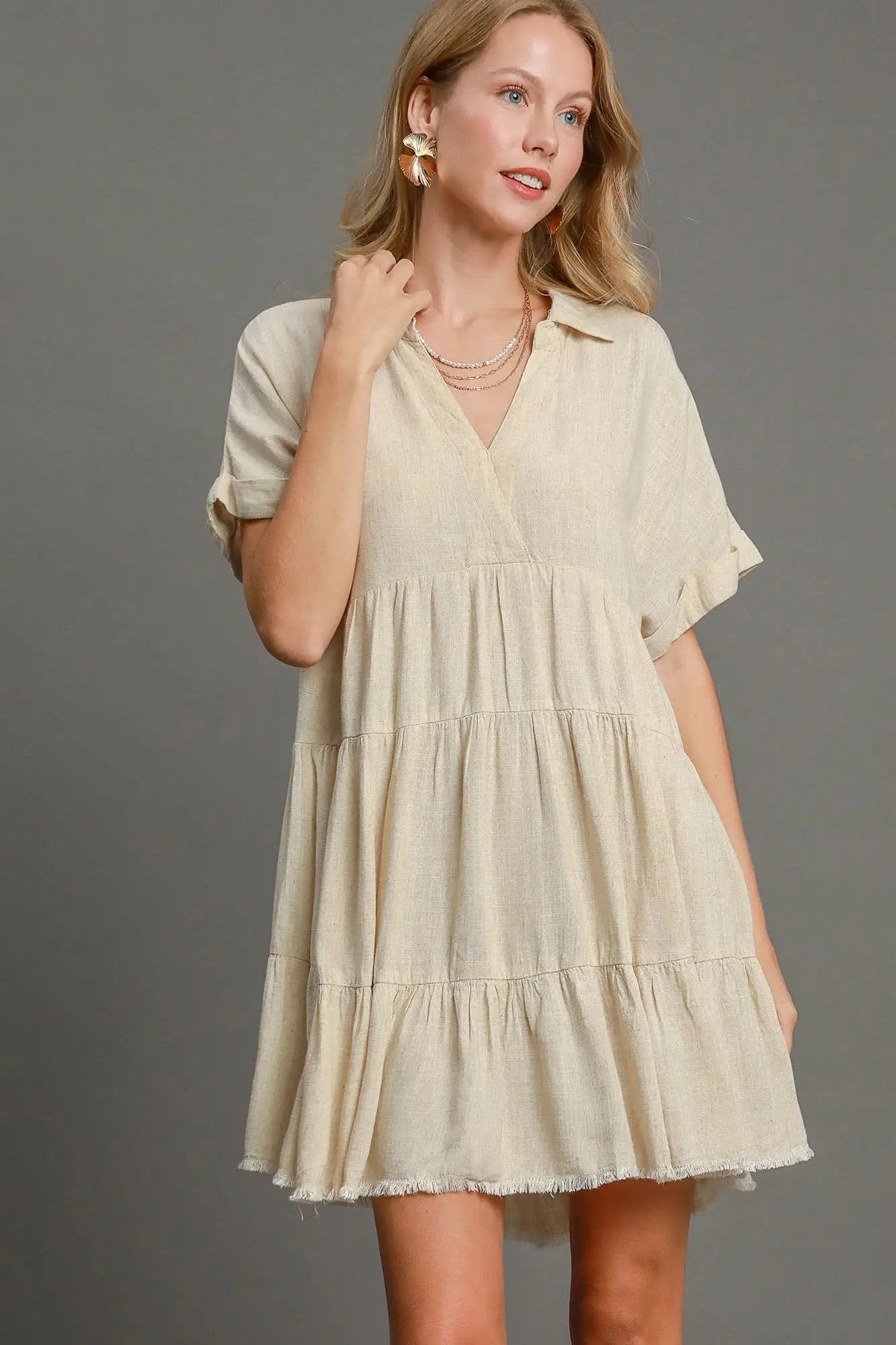 Raw Hem Folded Sleeve Tiered Dress - Eclectage