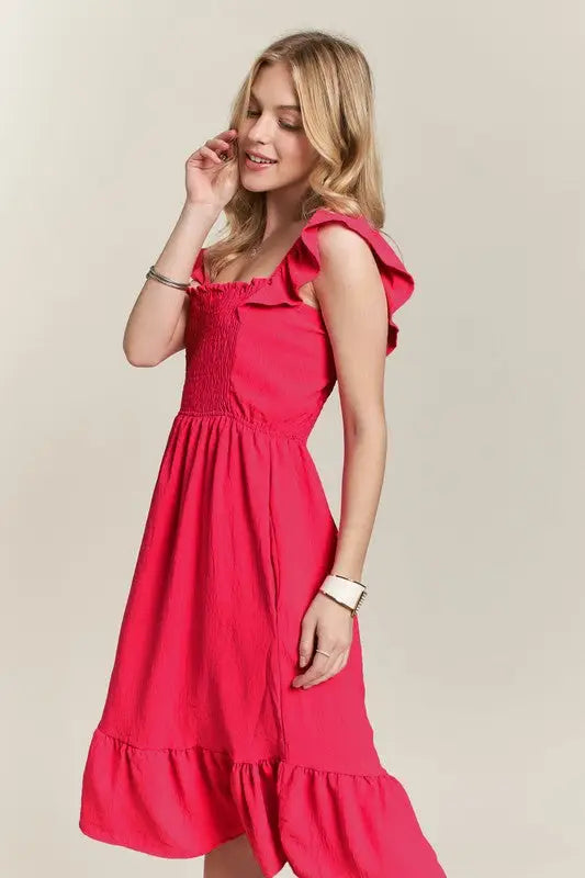 Smocked Square Neck Ruffled Red Dress - Eclectage