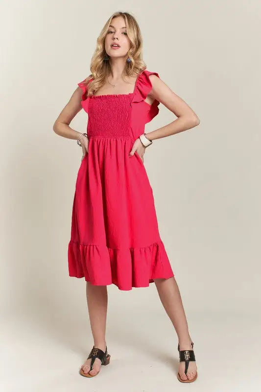 Smocked Square Neck Ruffled Red Dress - Eclectage