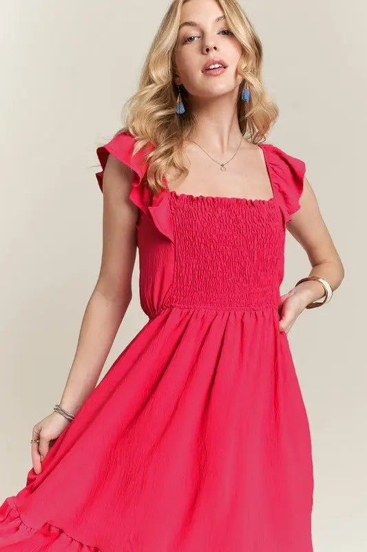 Smocked Square Neck Ruffled Red Dress - Eclectage