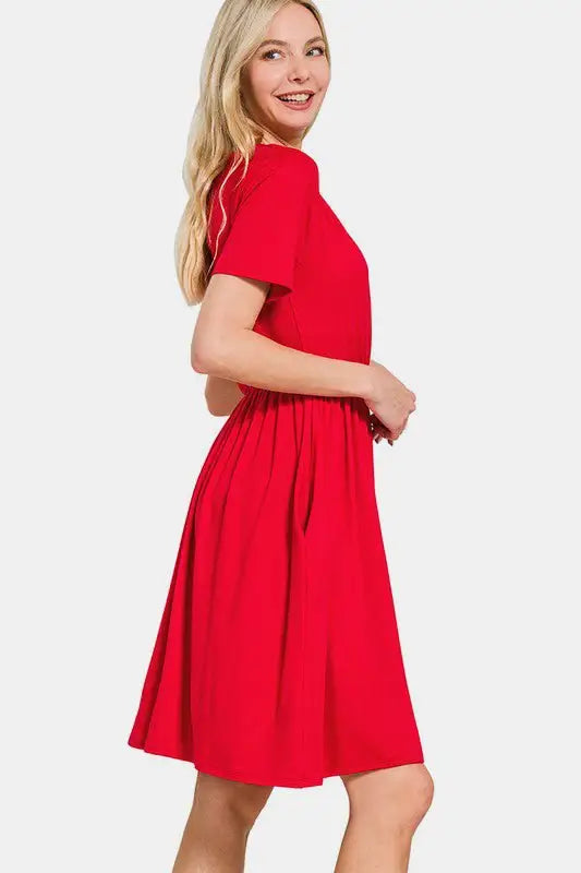 Red Surplice Brushed DTY Dress - Short Sleeve Dresses