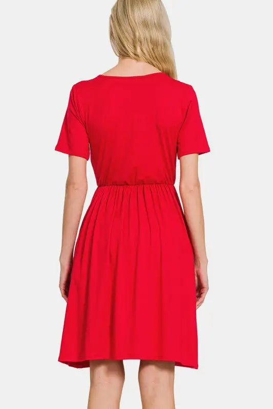 Red Surplice Brushed DTY Dress - Short Sleeve Dresses