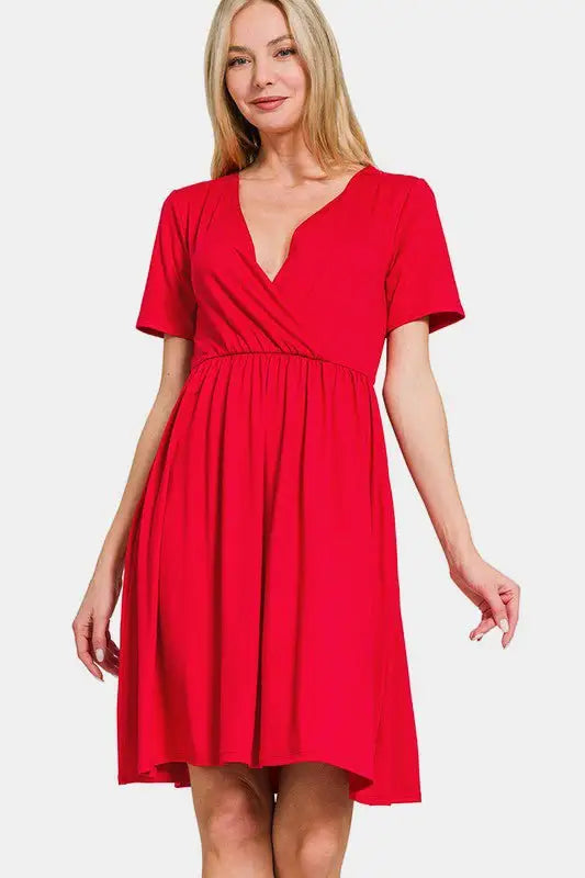 Red Surplice Brushed DTY Dress - Short Sleeve Dresses