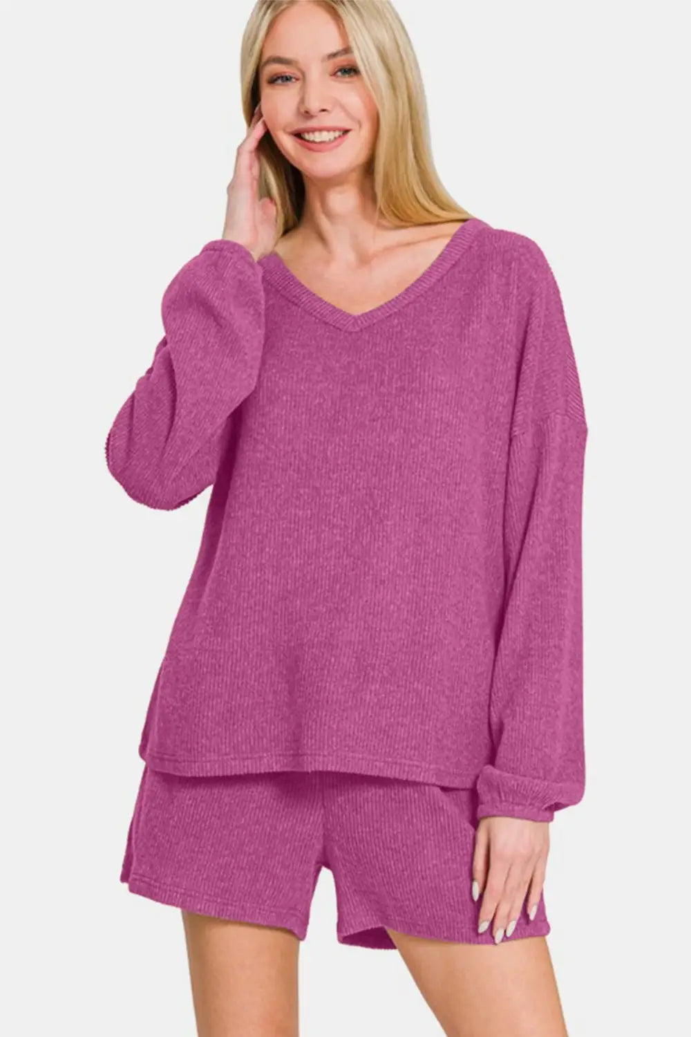 Red Violet Long Sleeve Top and Shorts Set - Shorts Sets