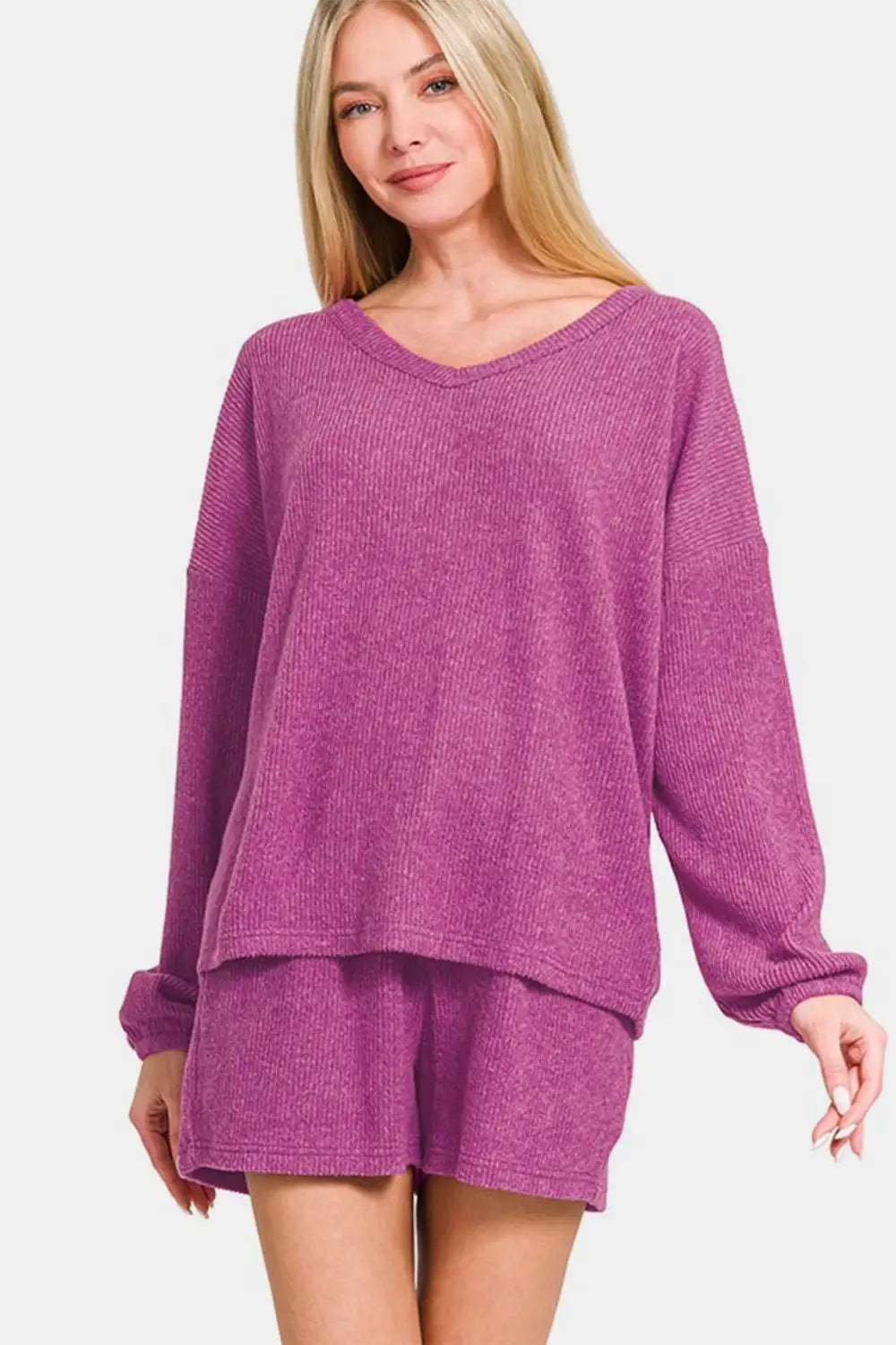 Red Violet Long Sleeve Top and Shorts Set - Shorts Sets