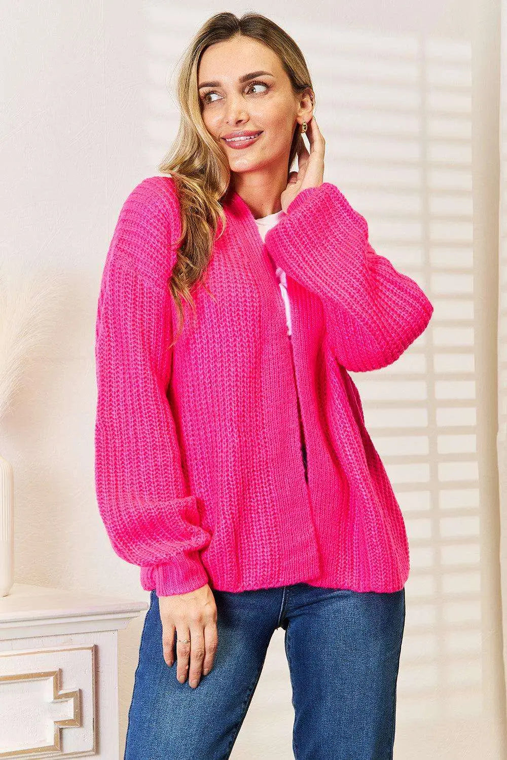 Rib - Knit Open Front Hot Pink Cardigan - Cardigans