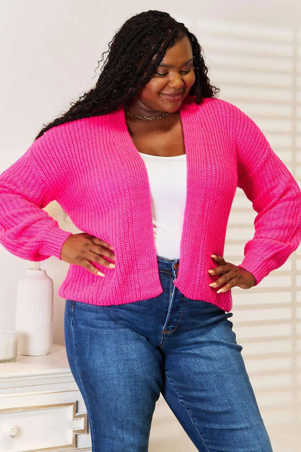 Rib - Knit Open Front Hot Pink Cardigan - Cardigans