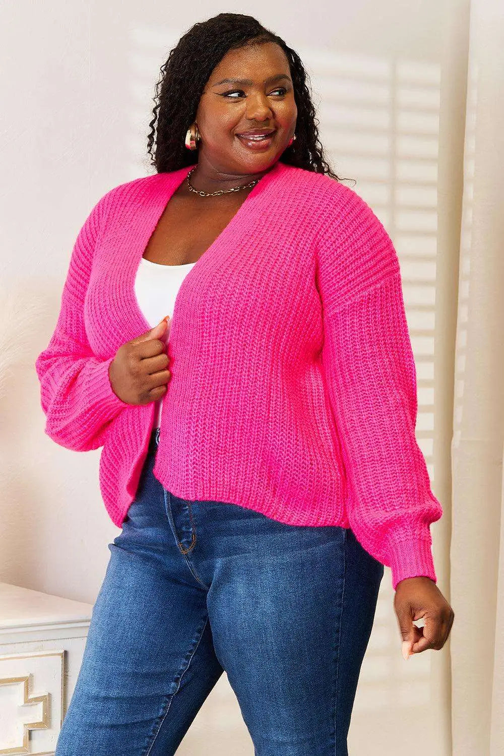 Rib - Knit Open Front Hot Pink Cardigan - Cardigans