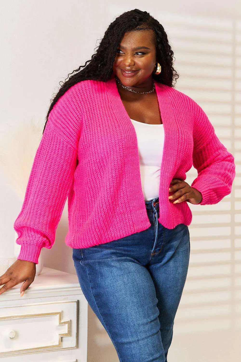 Rib - Knit Open Front Hot Pink Cardigan - Cardigans