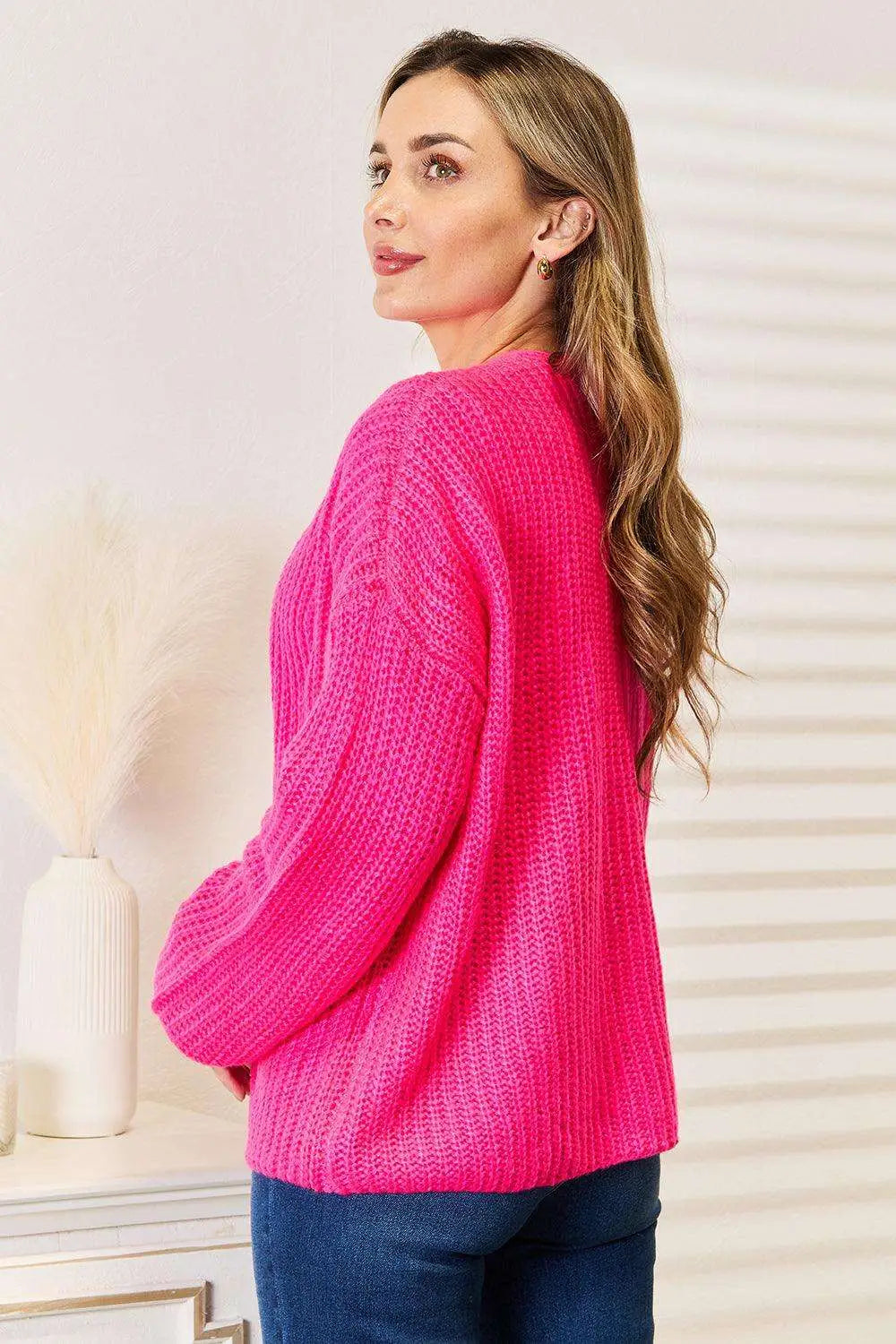 Rib - Knit Open Front Hot Pink Cardigan - Cardigans