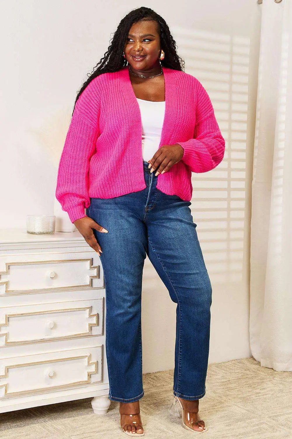 Rib - Knit Open Front Hot Pink Cardigan - Cardigans