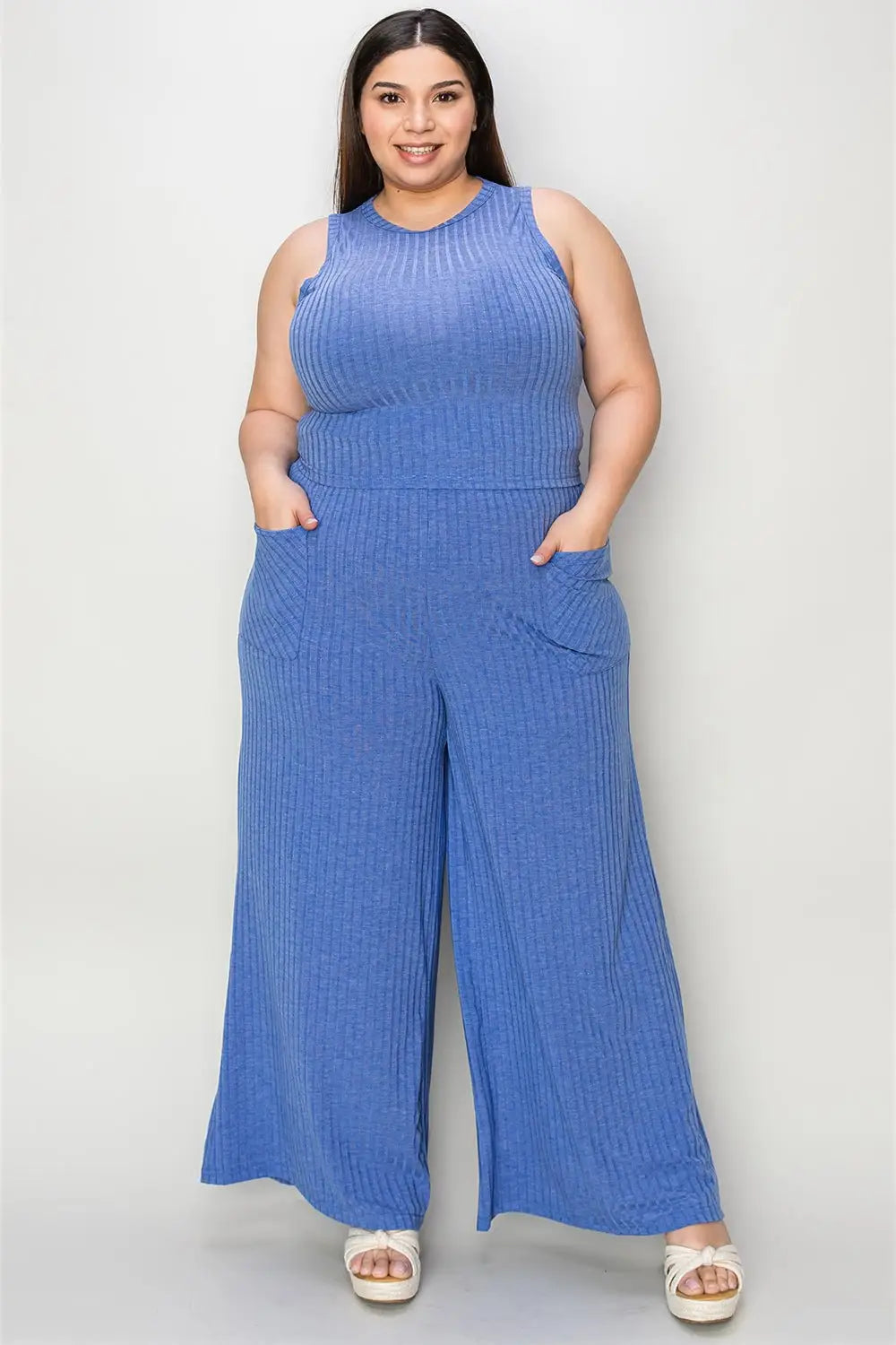Ribbed Tank and Wide Leg Pants Set -