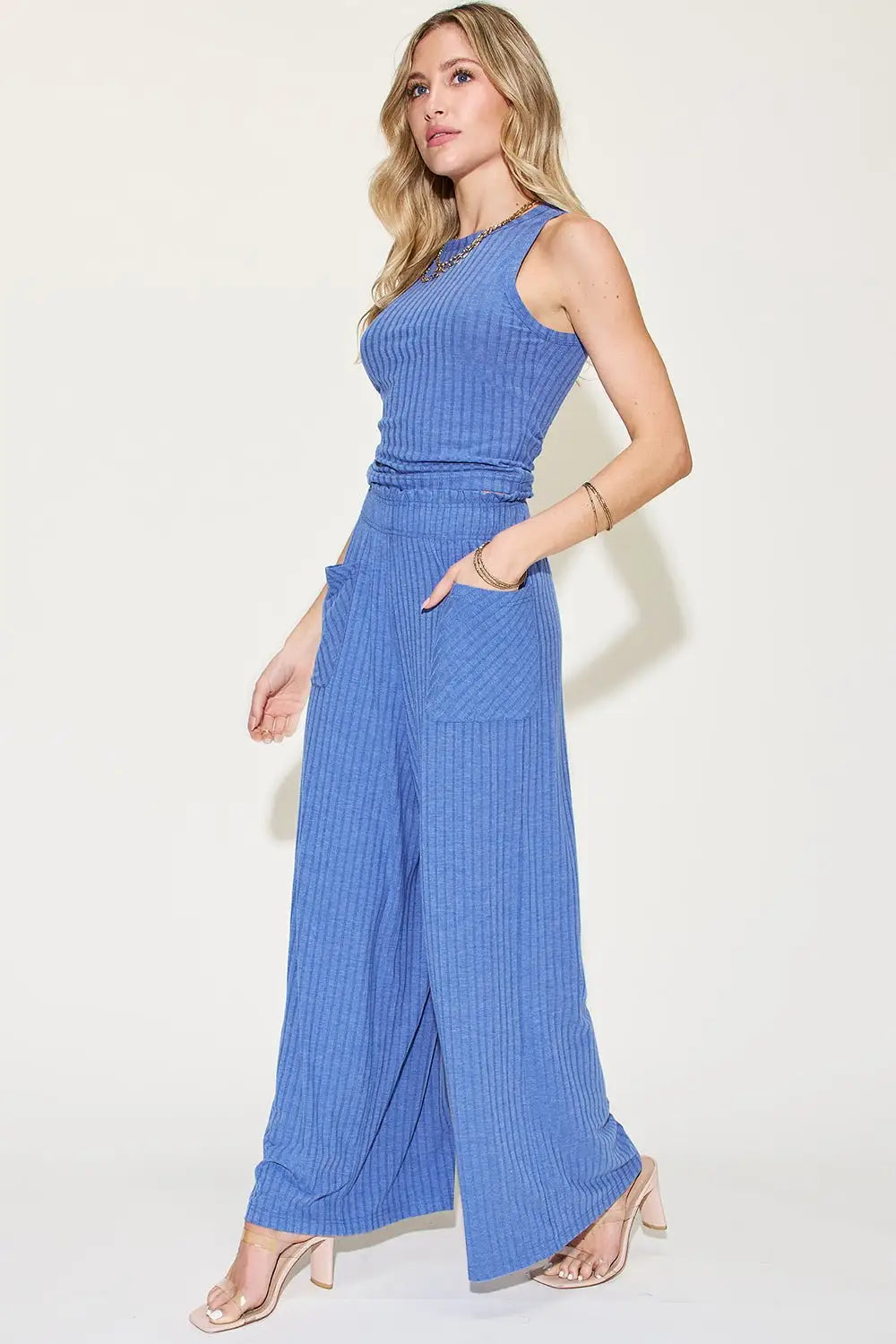 Ribbed Tank and Wide Leg Pants Set -