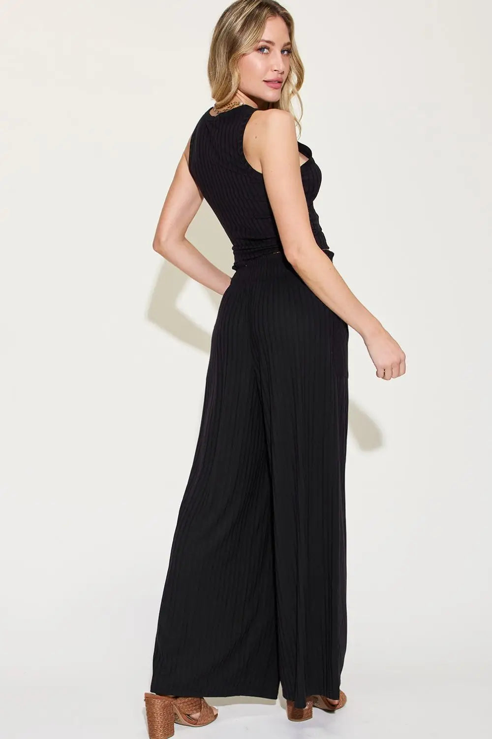 Ribbed Tank and Wide Leg Pants Set -