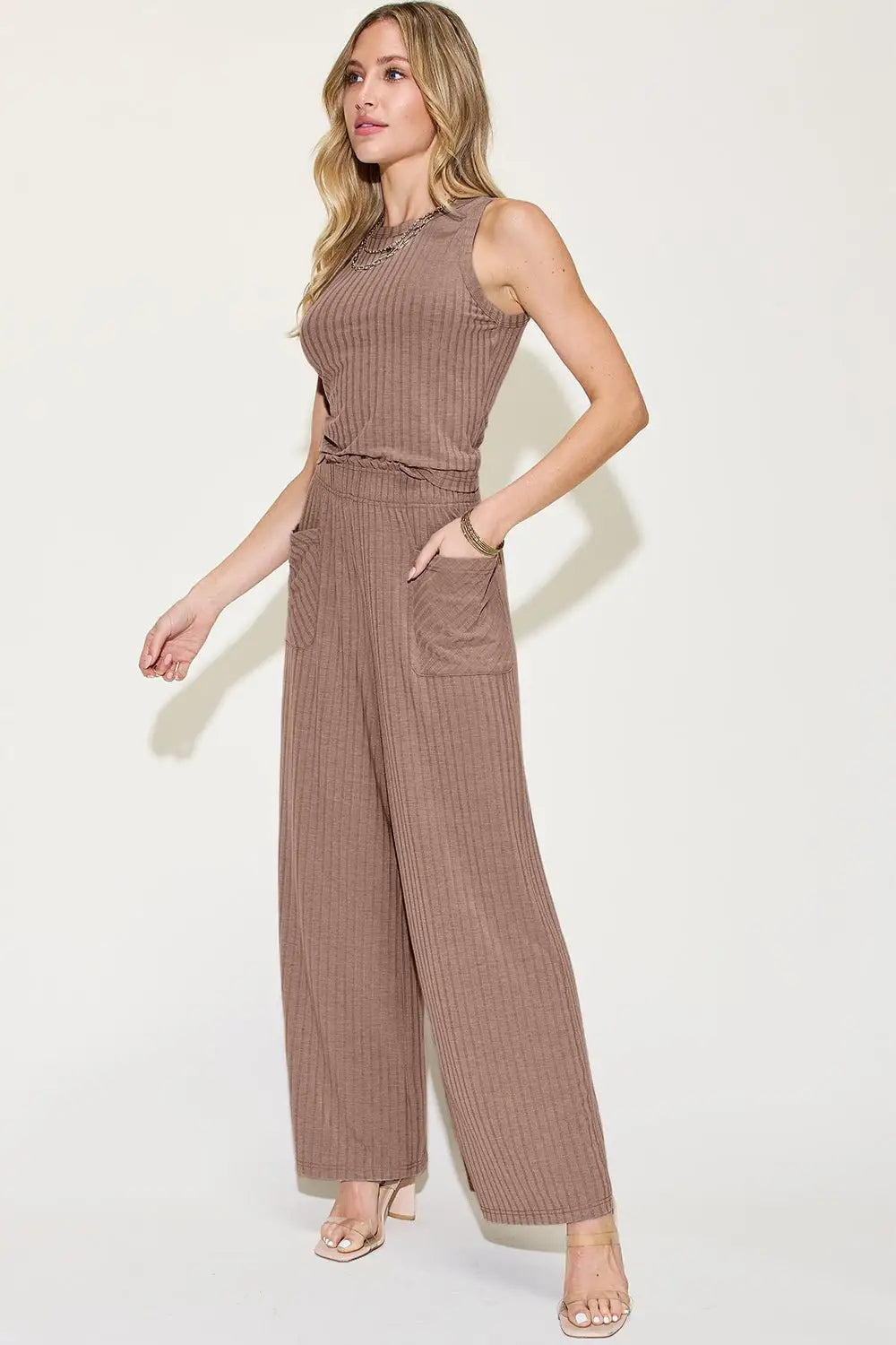 Ribbed Tank and Wide Leg Pants Set -