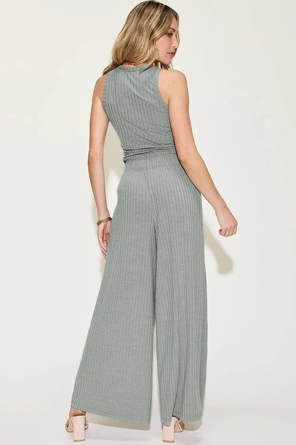 Ribbed Tank and Wide Leg Pants Set -