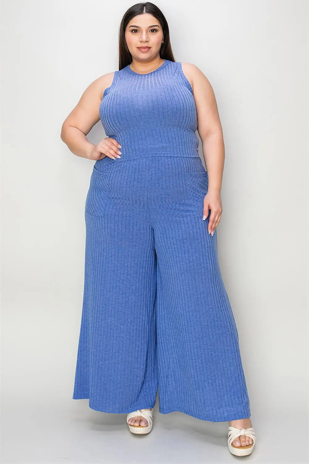 Ribbed Tank and Wide Leg Pants Set -