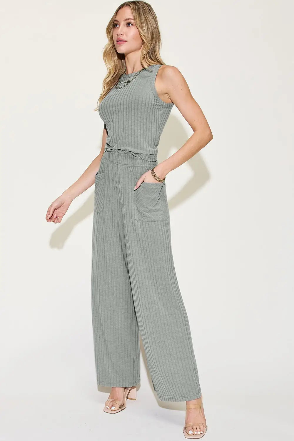 Ribbed Tank and Wide Leg Pants Set -