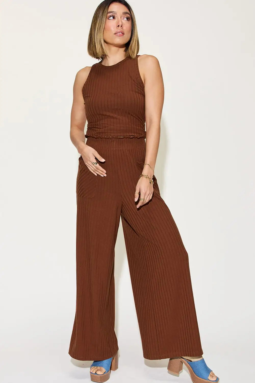 Ribbed Tank and Wide Leg Pants Set -