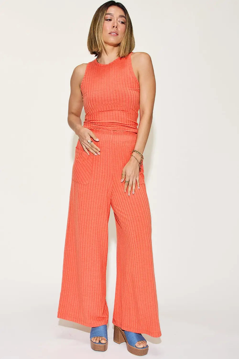 Ribbed Tank and Wide Leg Pants Set -