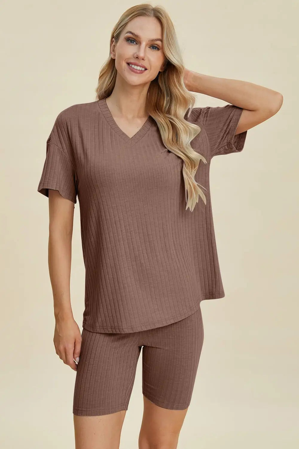 Ribbed V - Neck Short Sleeve Top and Shorts Set - Loungewear