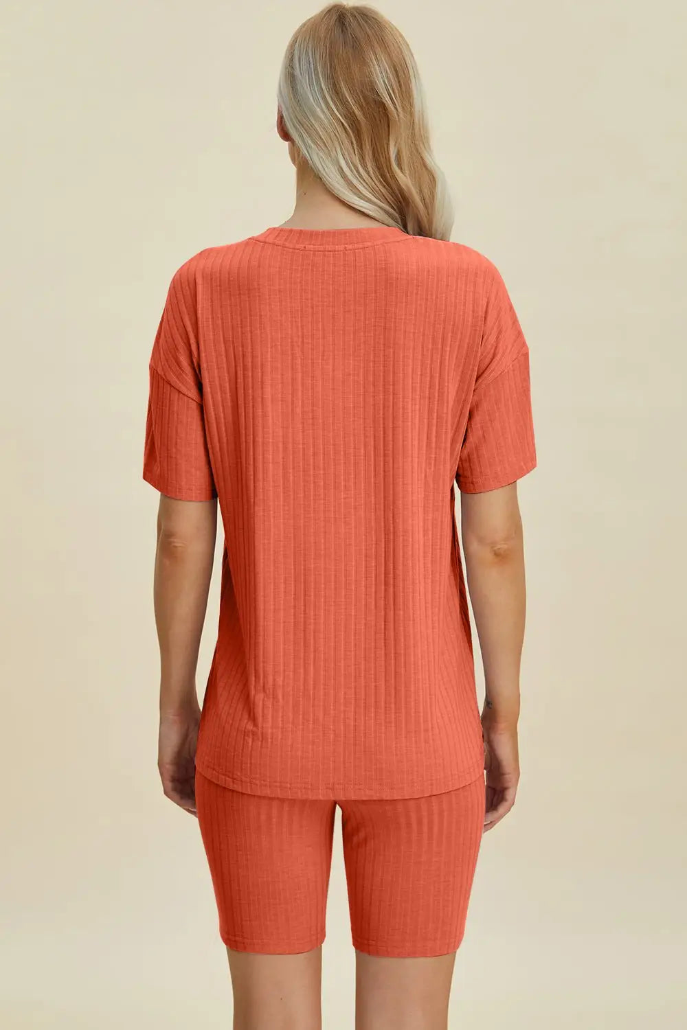 Ribbed V - Neck Short Sleeve Top and Shorts Set - Loungewear