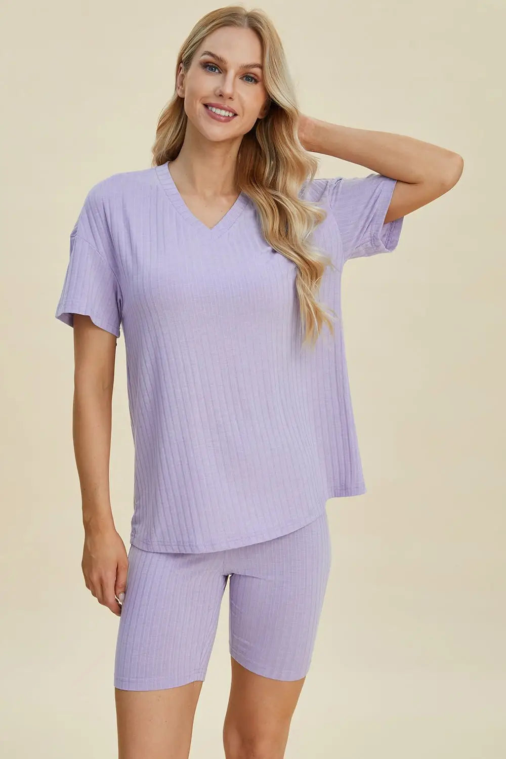 Ribbed V - Neck Short Sleeve Top and Shorts Set - Loungewear
